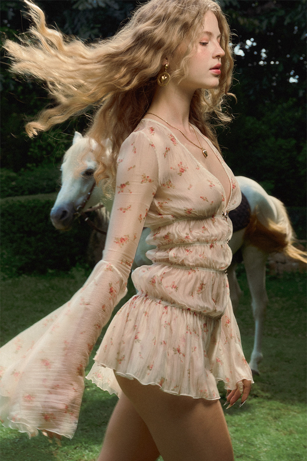 Florentine Drop Waist Flute Sleeved Sheer Fabric Extra Short Length Dress