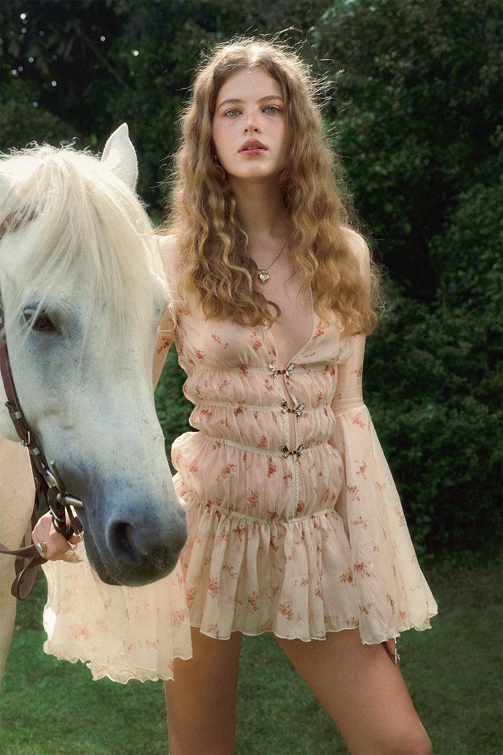 Florentine Drop Waist Flute Sleeved Sheer Fabric Extra Short Length Dress