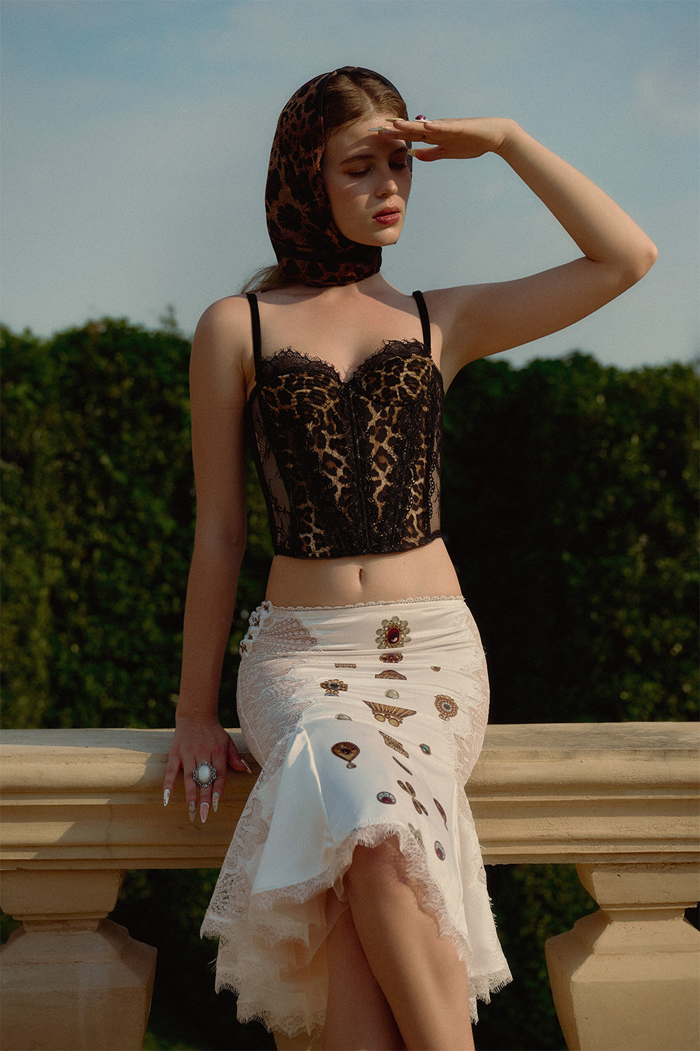 Bijoux Mermaid Ruffle Trim Silk Lace Calf Length Skirt