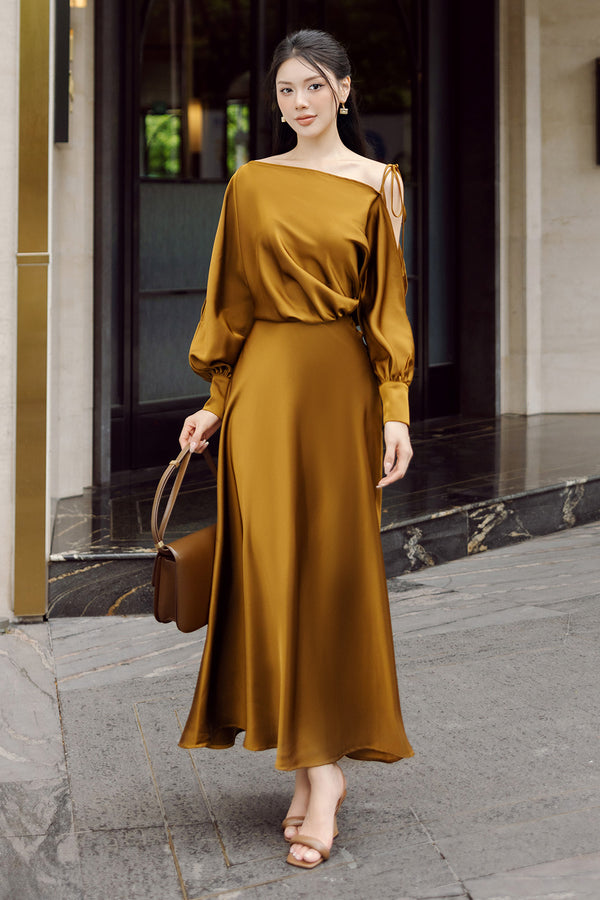 Kristina Blouson Split Sleeved Silk Satin Ankle Length Dress