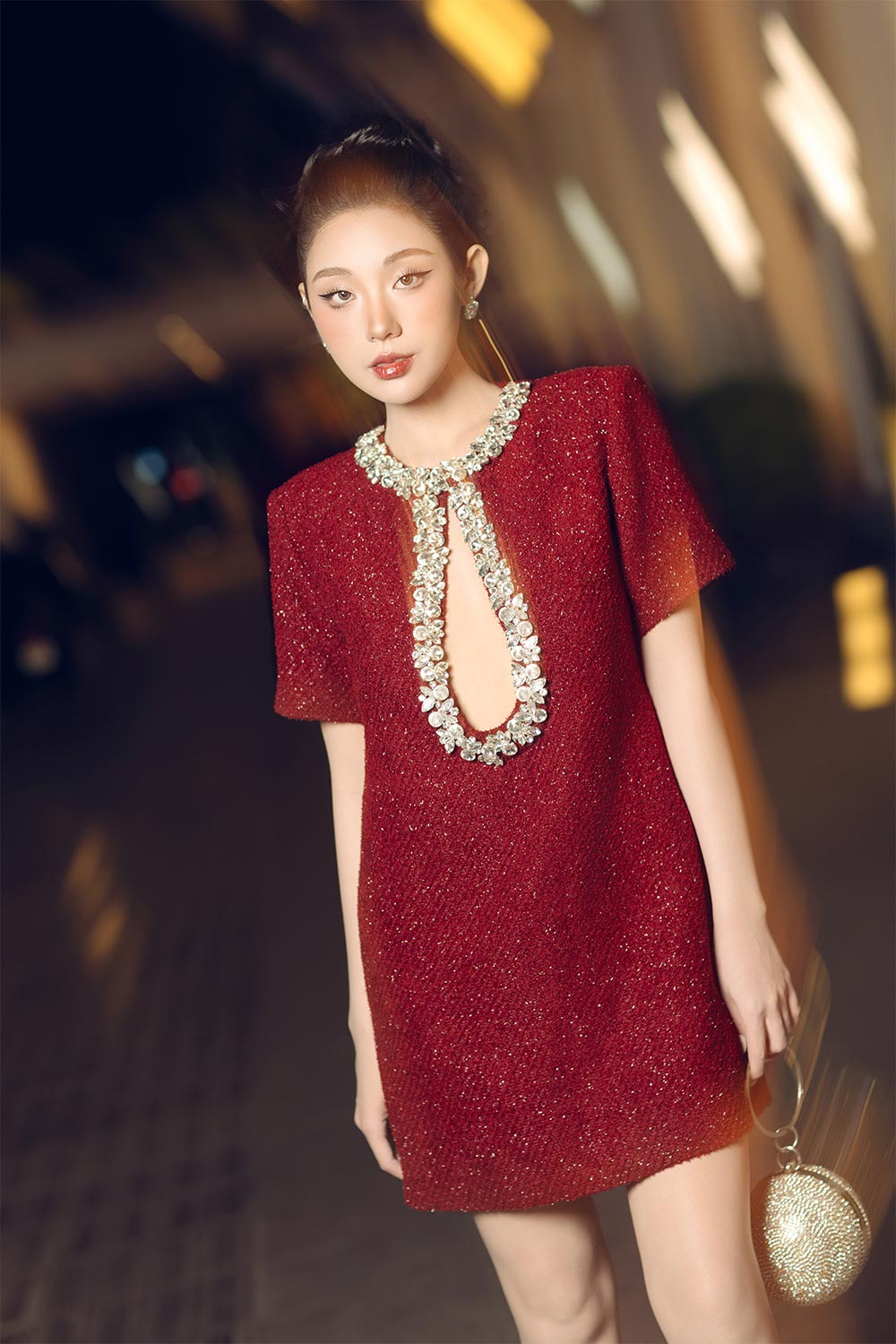 Calista Shift Keyhole Neck Tweed Mini Dress