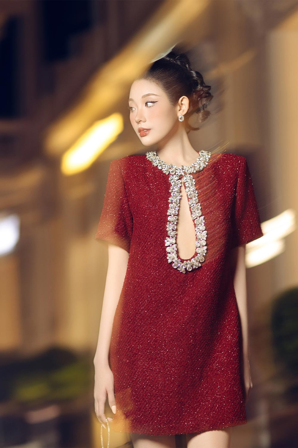 Calista Shift Keyhole Neck Tweed Mini Dress
