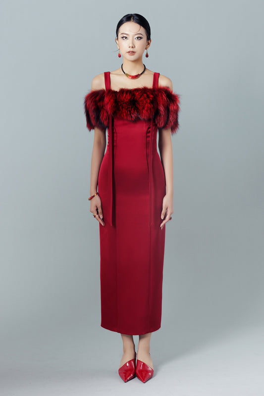 Odette Pencil Cold Shoulder Sleeved Taffeta Midi Dress