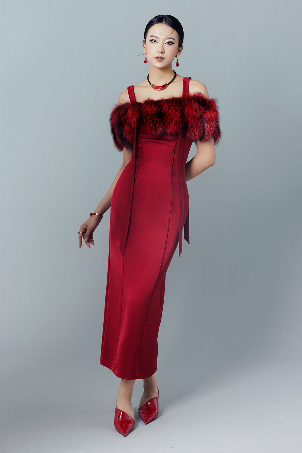 Odette Pencil Cold Shoulder Sleeved Taffeta Midi Dress