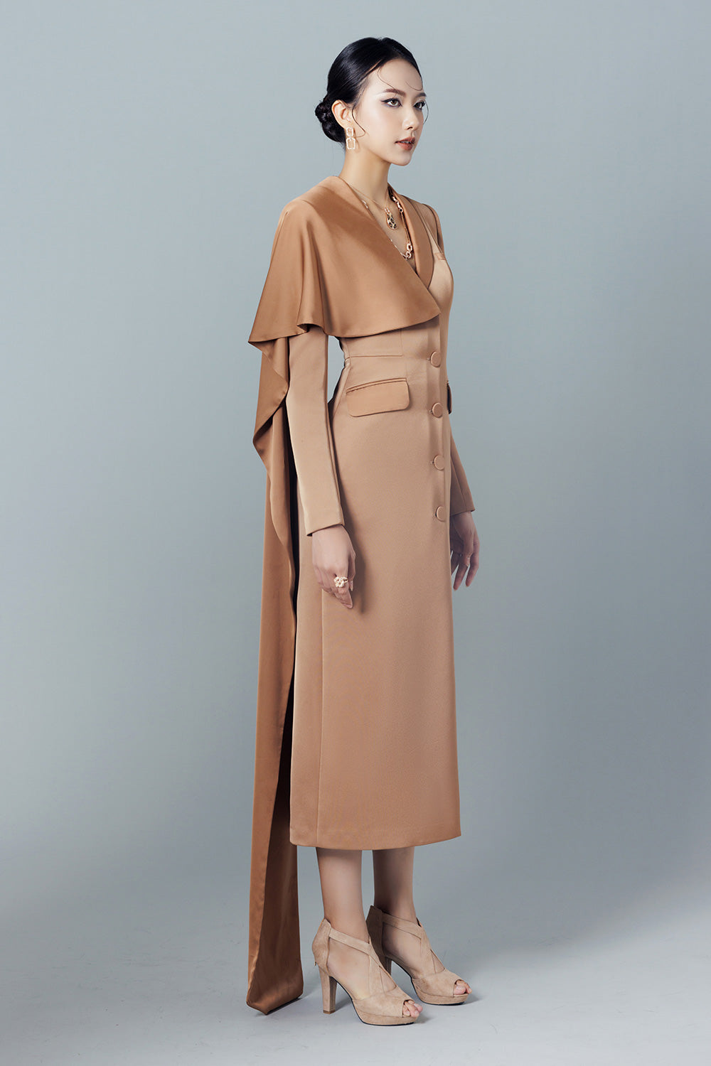 Destiny Sheath Extended Flap Taffeta Silk Midi Dress