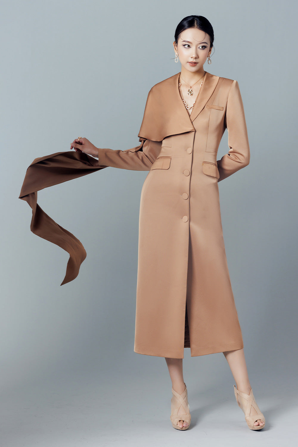 Destiny Sheath Extended Flap Taffeta Silk Midi Dress