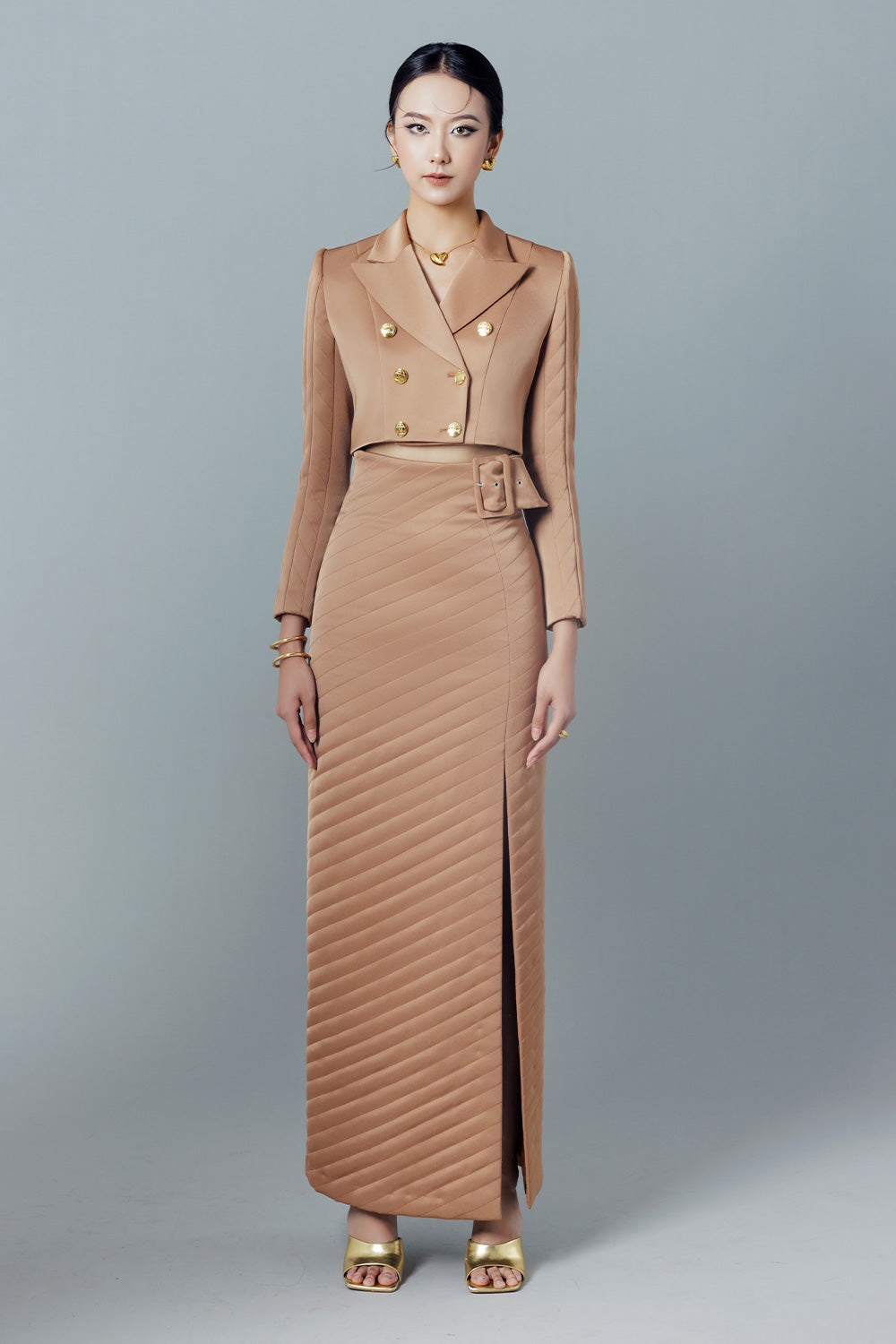 Prestine Slit Double Breasted Taffeta Ankle Length Set