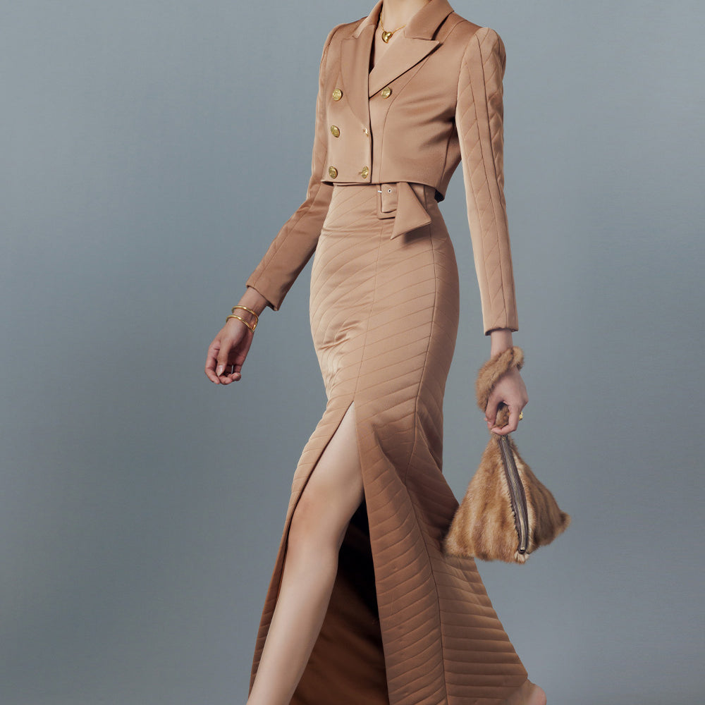 Prestine Sheath Side Slit Taffeta Ankle Length Skirt