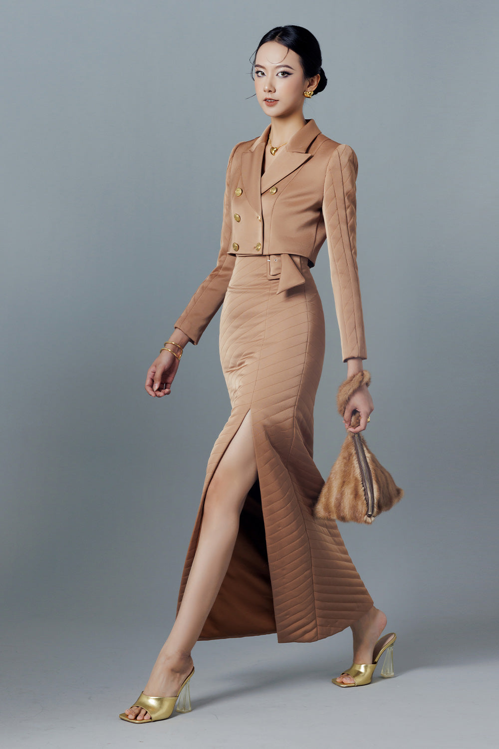 Prestine Sheath Side Slit Taffeta Ankle Length Skirt