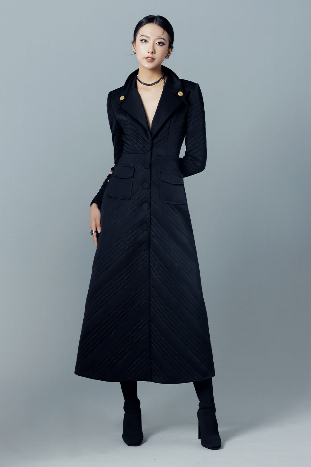 Griselda A-line Notch Lapel Taffeta Midi Trench Coat