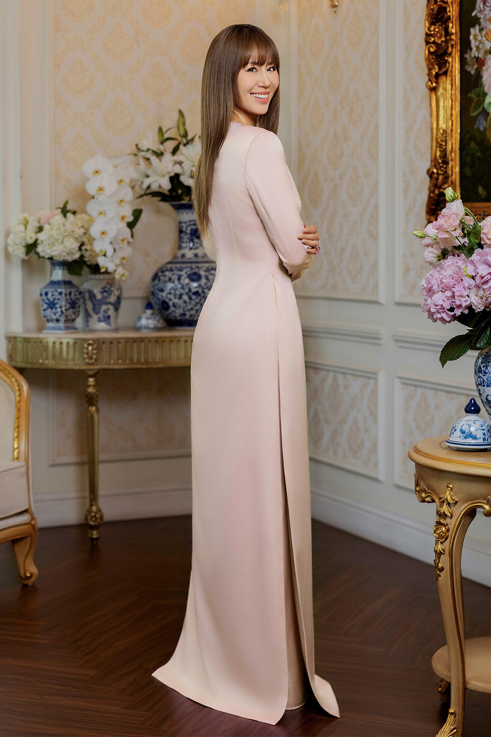 Sky A-line Stone Taffeta Silk Floor Length Ao Dai