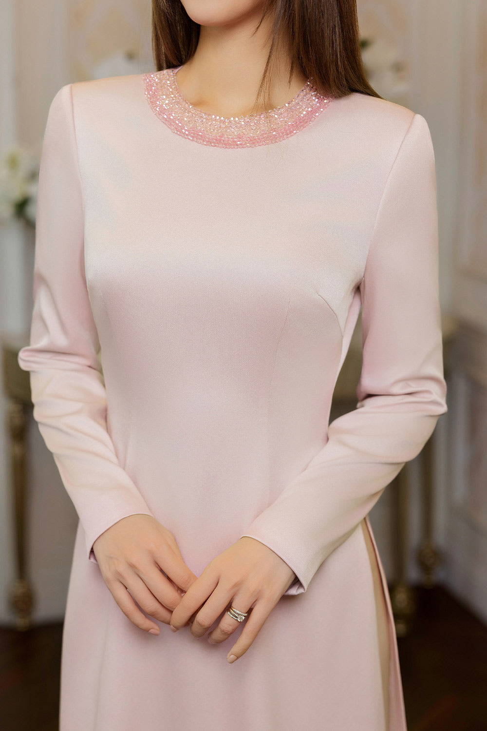 Sky A-line Stone Taffeta Silk Floor Length Ao Dai