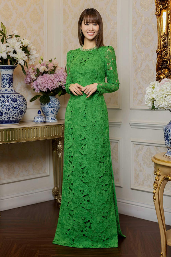 Lucia Sheath Stone Silk Lace Floor Length Ao Dai