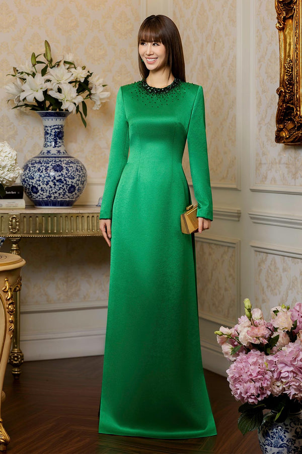 Paris A-line Long Sleeved Taffeta Silk Floor Length Ao Dai