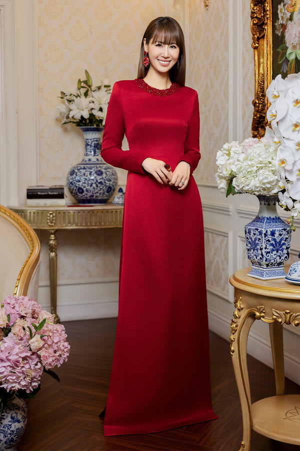 Audrey A-line Long Sleeved Taffeta Silk Floor Length Ao Dai