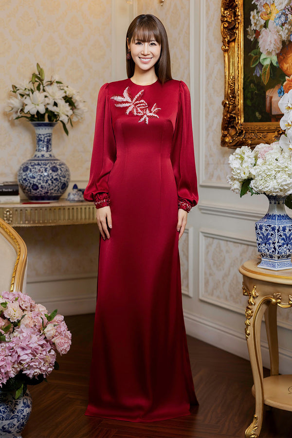 Rose Sheath Bouffant Sleeved Silk Floor Length Ao Dai