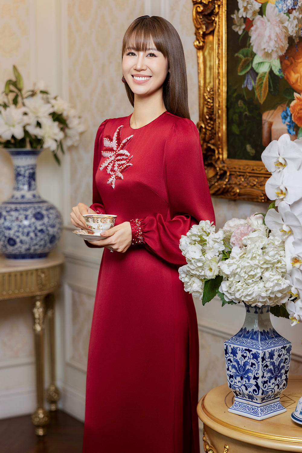 Rose Sheath Bouffant Sleeved Silk Floor Length Ao Dai