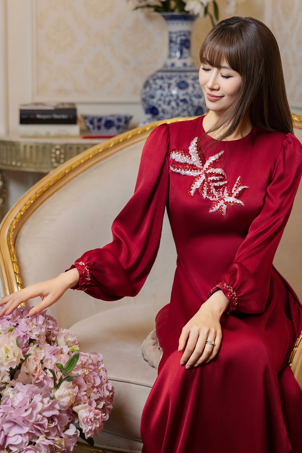 Rose Sheath Bouffant Sleeved Silk Floor Length Ao Dai