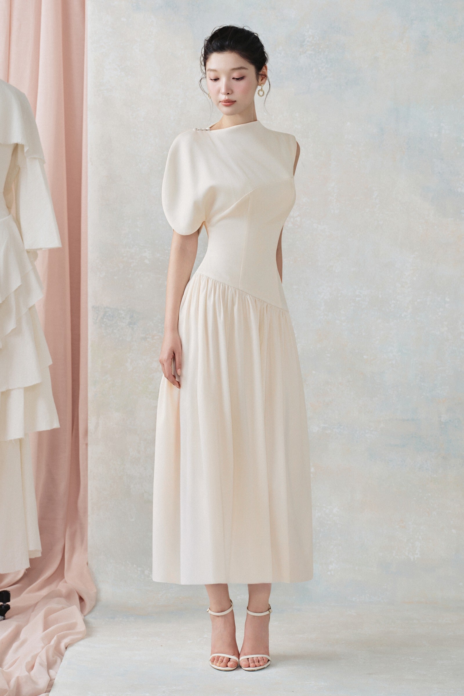 Nophie Asymmetric Sleeve Midi Dress