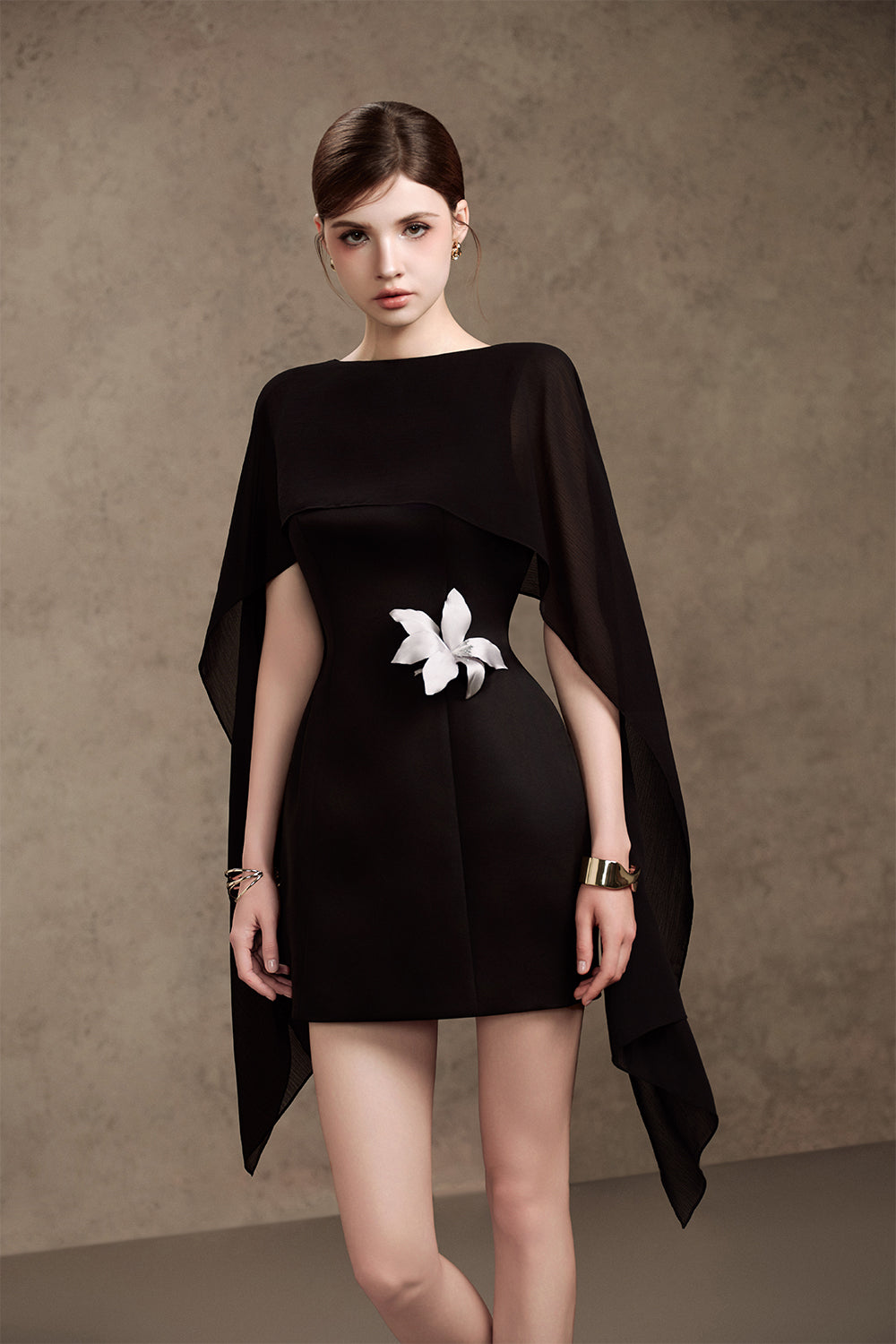 Women's Lilian A-line Cape Shoulder Taffeta Mini Dress S/M/L/Customize Black  MEAN BLVD