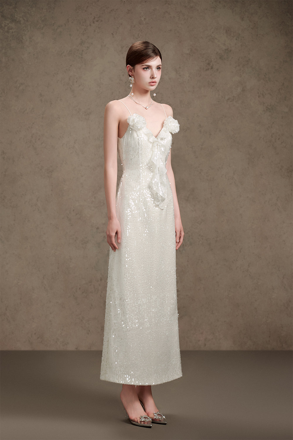Women's Seraphine A-line Spaghetti Strap Sequin Maxi Dress S/M/L/Customize Pearl White MEAN BLVD, Pearl White / S
