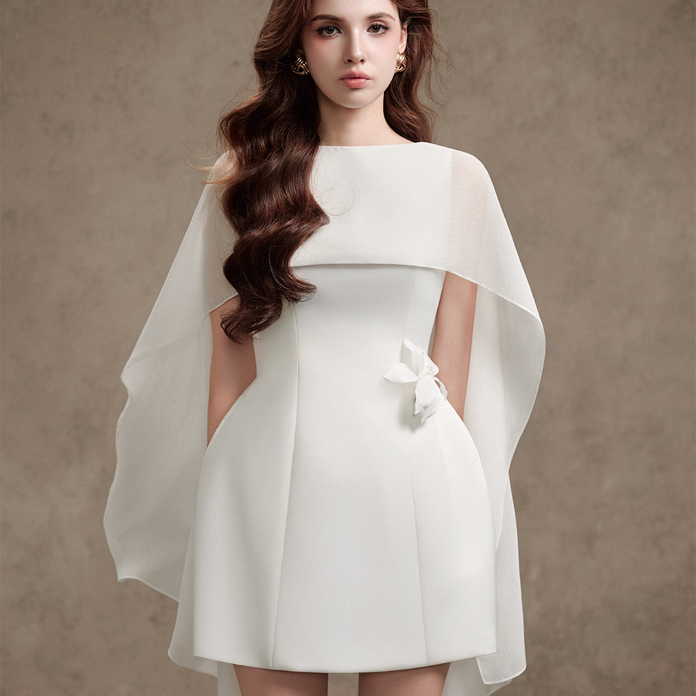 Lilian A-line Cape Shoulder Taffeta Mini Dress