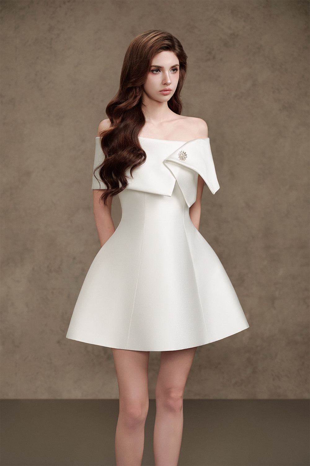 Tiana A-line Off-Shoulder Trerena Taffeta Mini Dress White / S