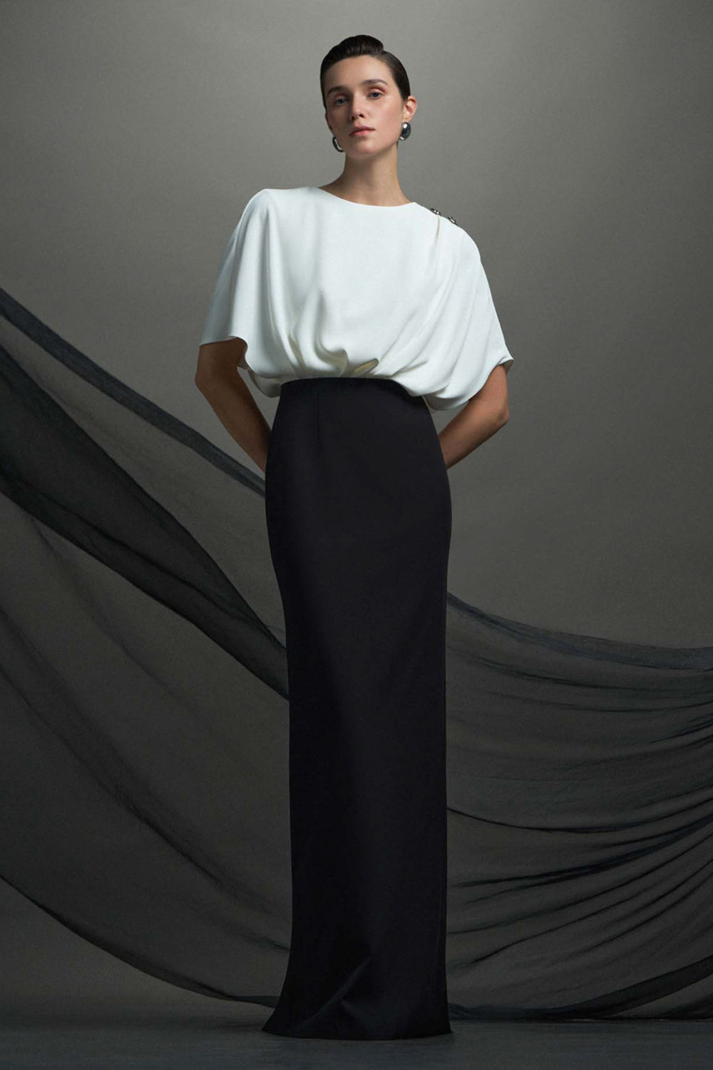 Esther Batwing Sleeve Button Maxi Dress White & Black / L