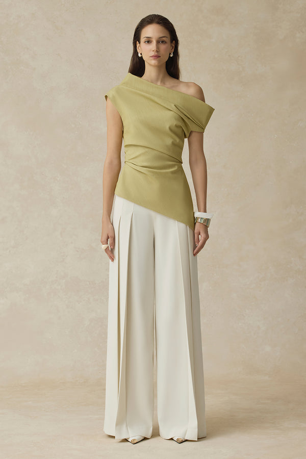 Mae Straight Side Pleated Cotton Twill Floor Length Pants