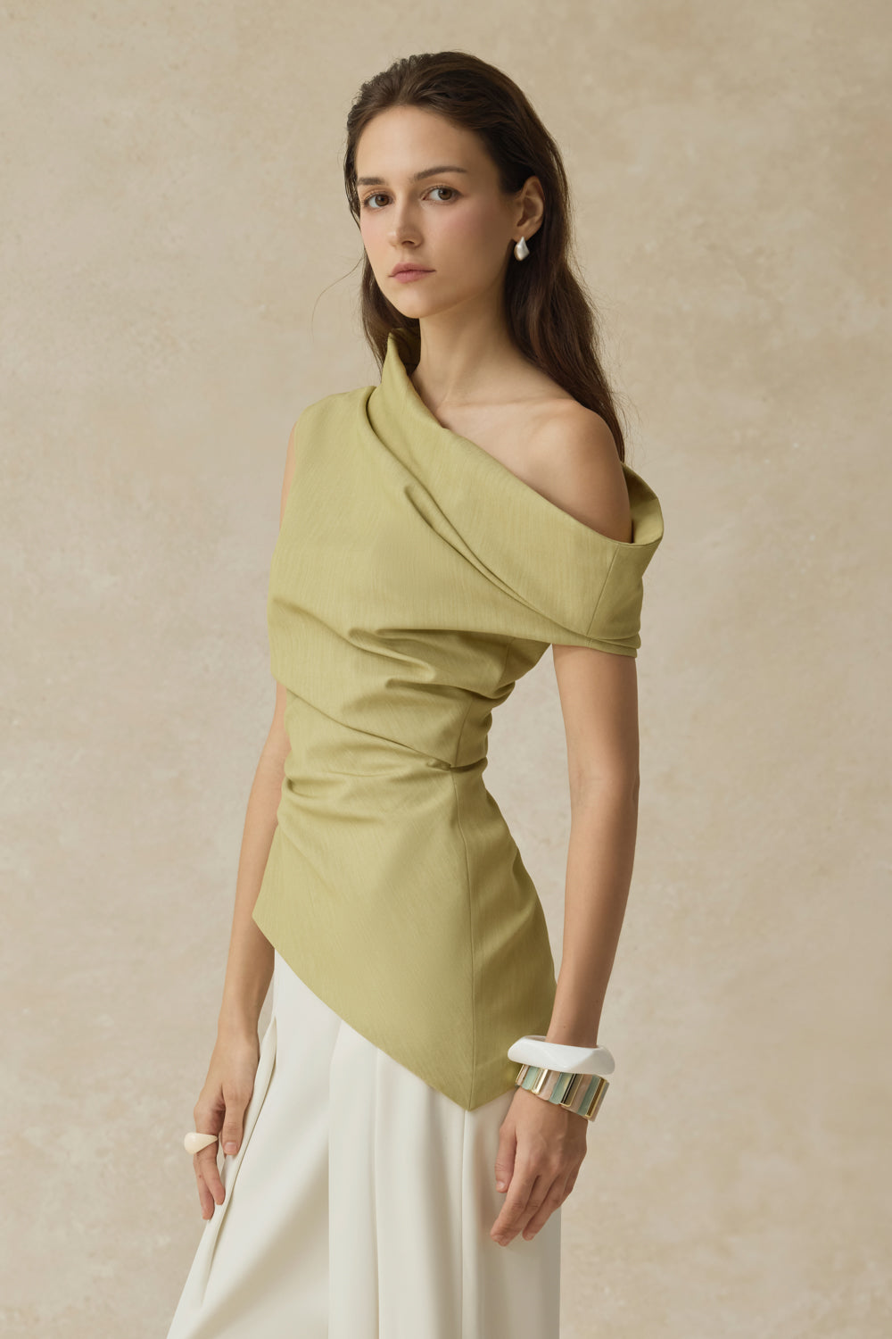 Mae Straight Side Pleated Cotton Twill Floor Length Pants