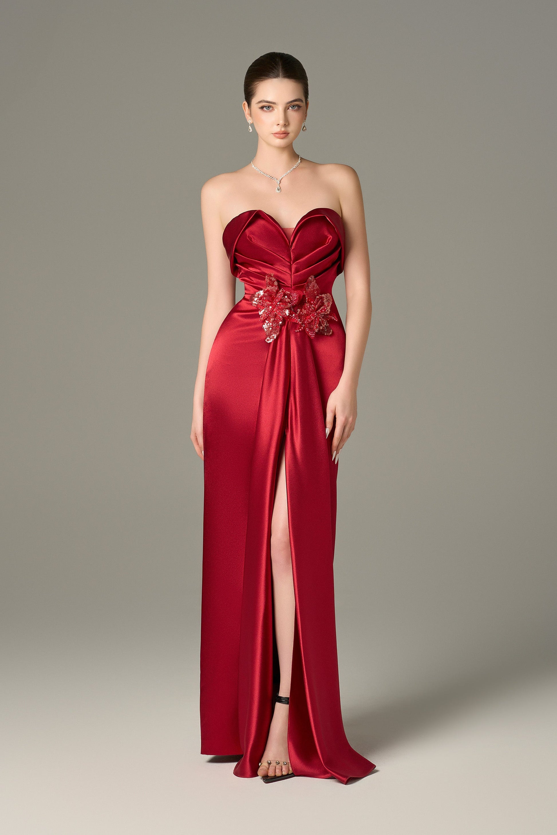 Designer Satin Silk Pleated Maxi Dress Deep Red / 4X