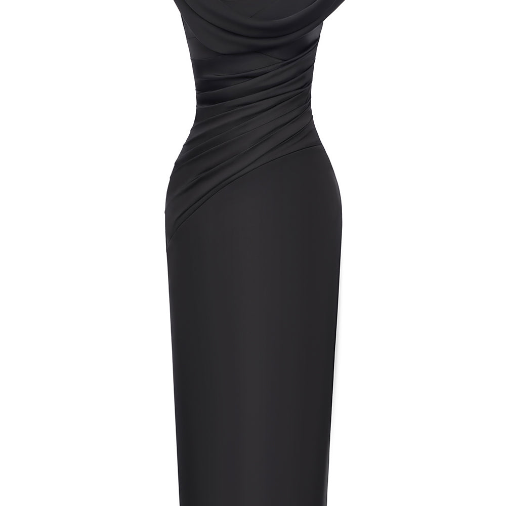 Ottavia Sheath Asymmetric Shoulder Poly Silk Midi Dress