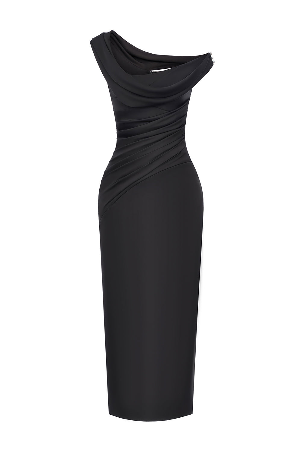 Ottavia Sheath Asymmetric Shoulder Poly Silk Midi Dress