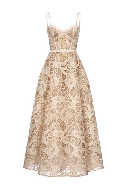 Contessa A-line Spaghetti Strap Silk Lace Midi Dress