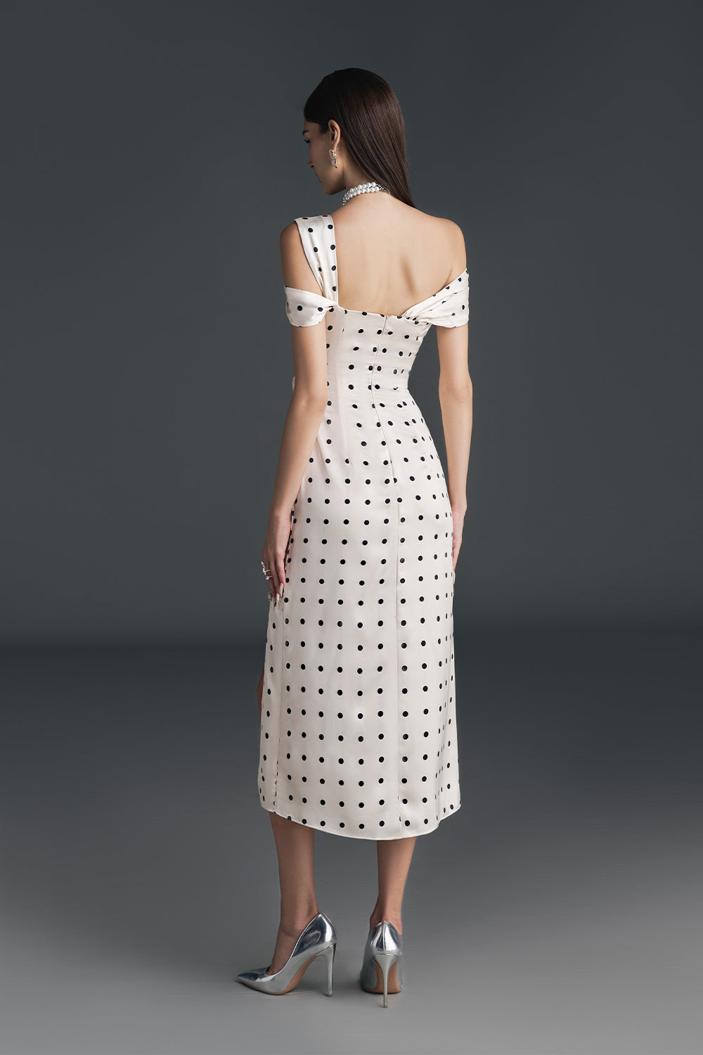 Dinna Slit Asymmetric Neck Silk Calf Length Dress