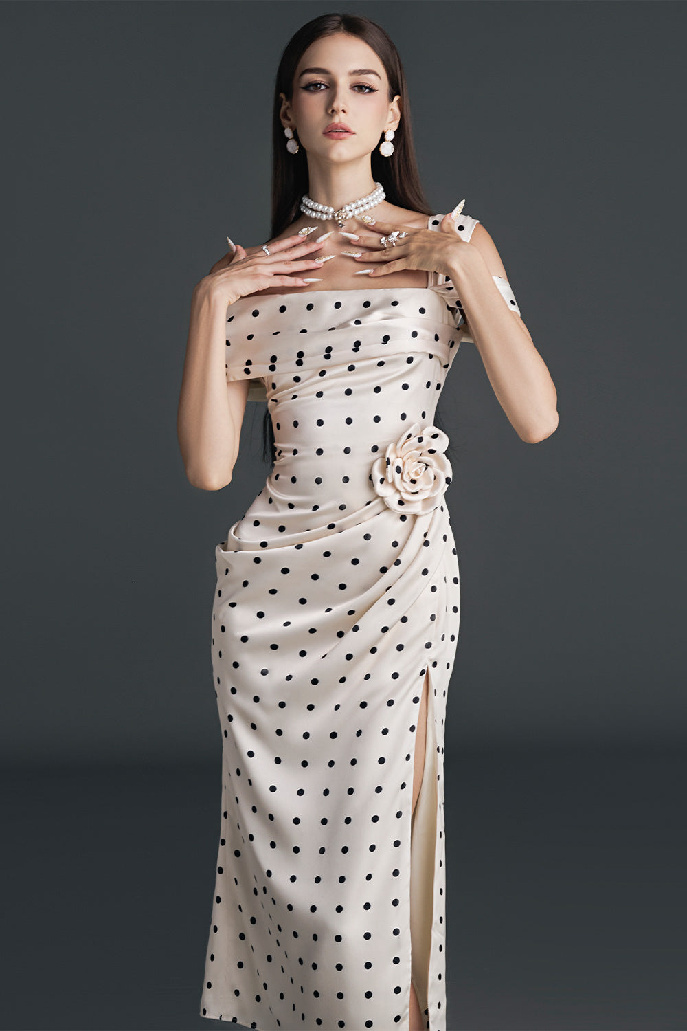 Dinna Slit Asymmetric Neck Silk Calf Length Dress