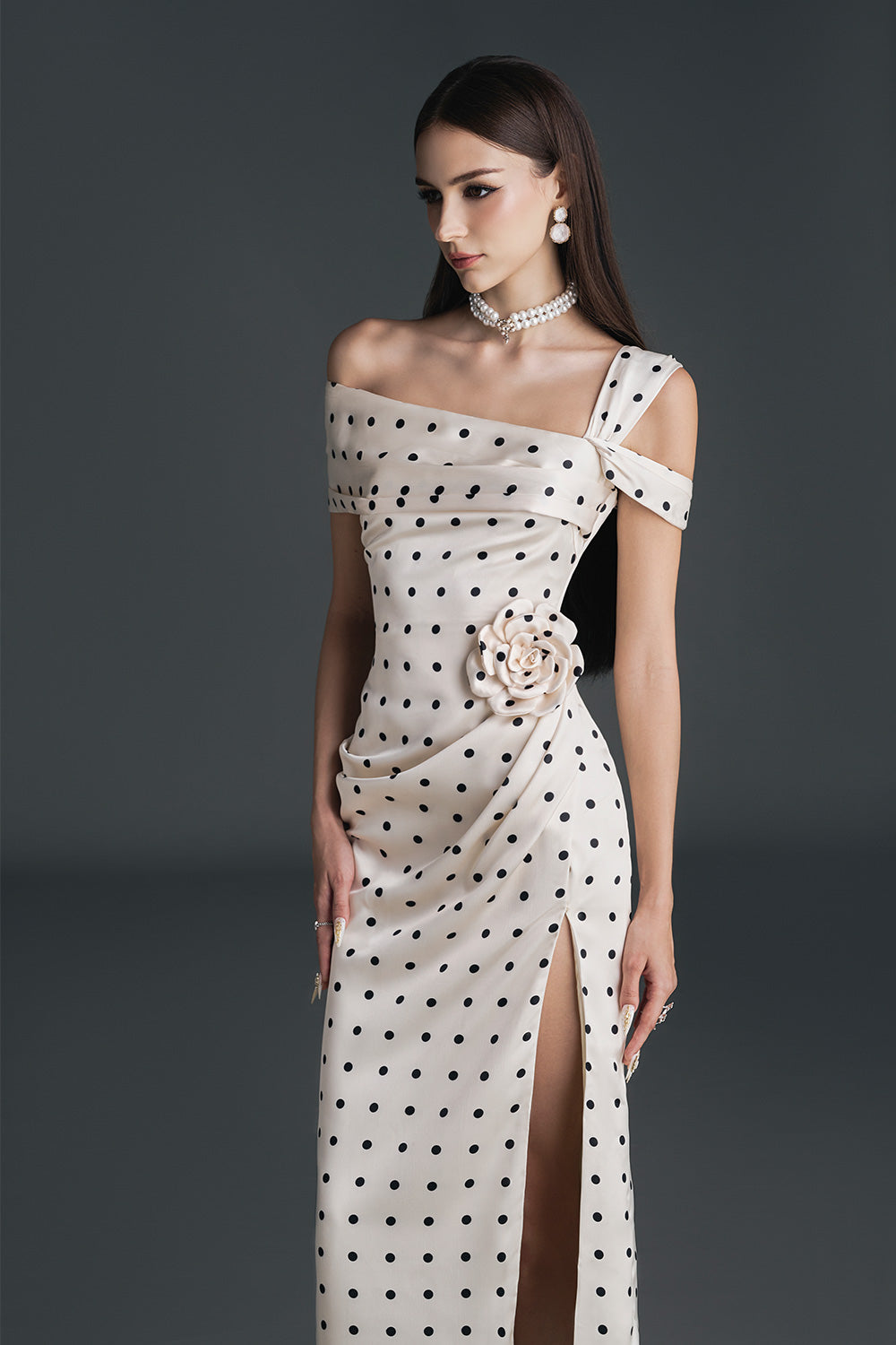 Dinna Slit Asymmetric Neck Silk Calf Length Dress