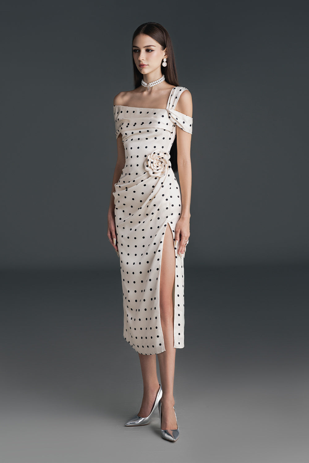 Dinna Slit Asymmetric Neck Silk Calf Length Dress