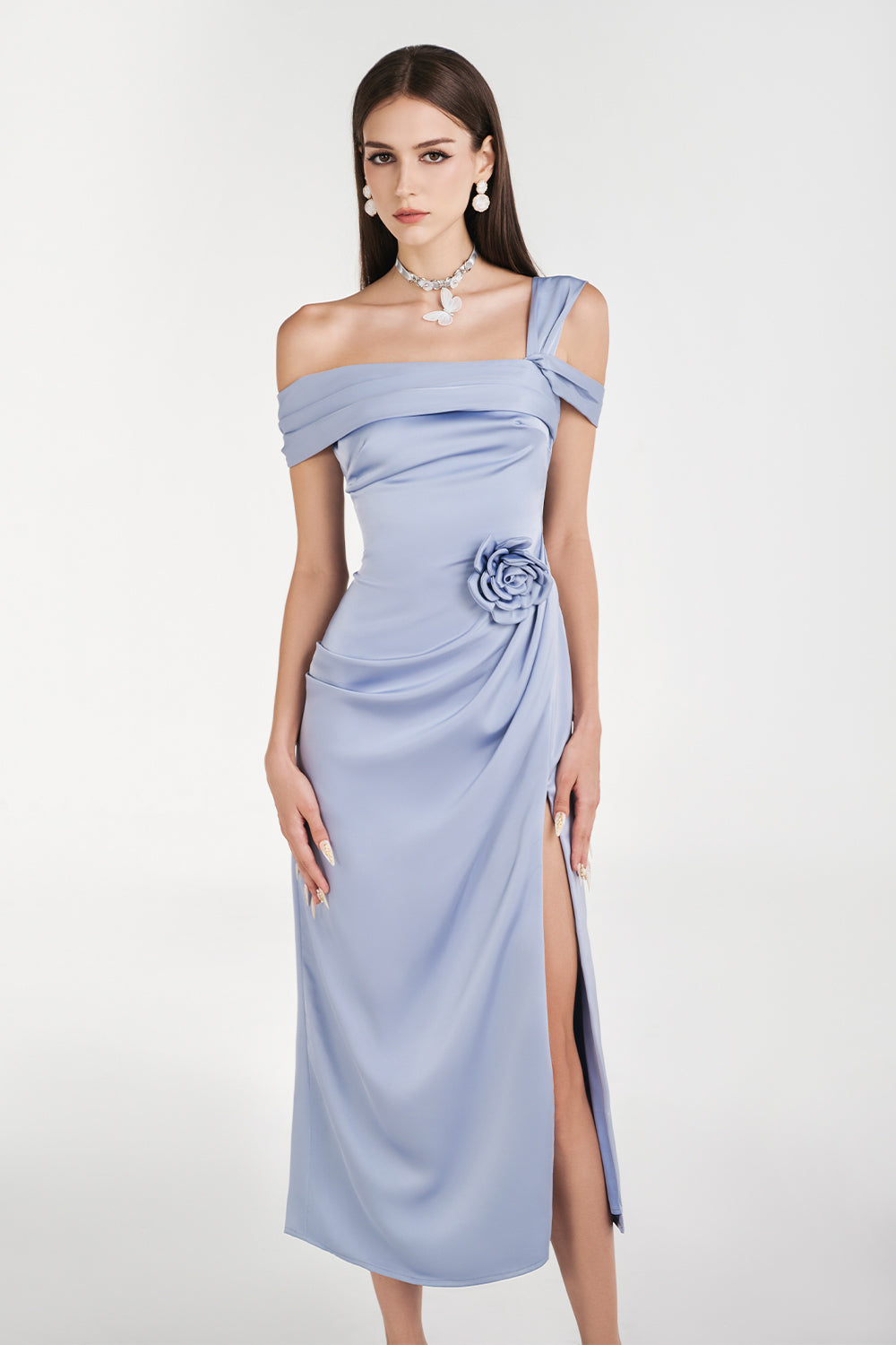 Dinna Slit Asymmetric Neck Silk Calf Length Dress