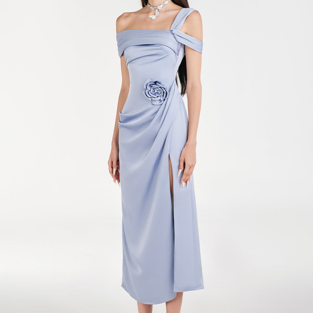 Dinna Slit Asymmetric Neck Silk Calf Length Dress