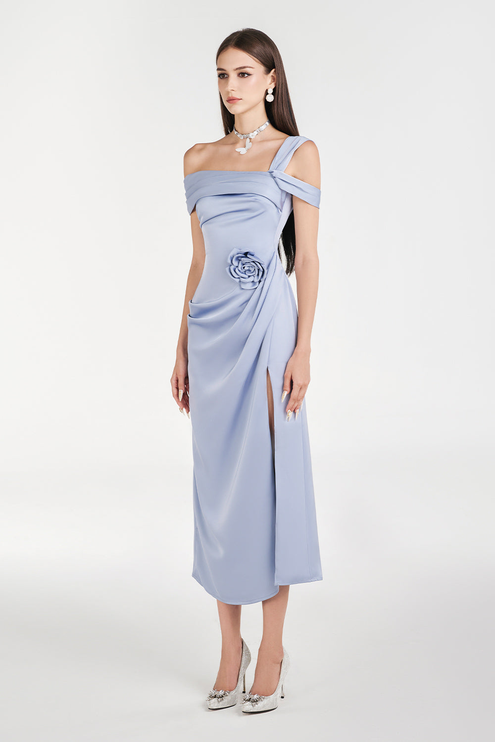 Dinna Slit Asymmetric Neck Silk Calf Length Dress