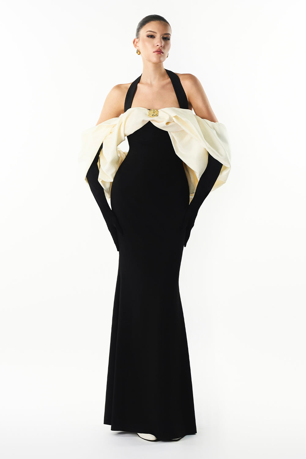 halter drape dress Women's Divora Halter Draped Maxi Dress XS/S/M/L/XL/XXL Black & Cream White MEAN BLVD Black & Cream White / XS