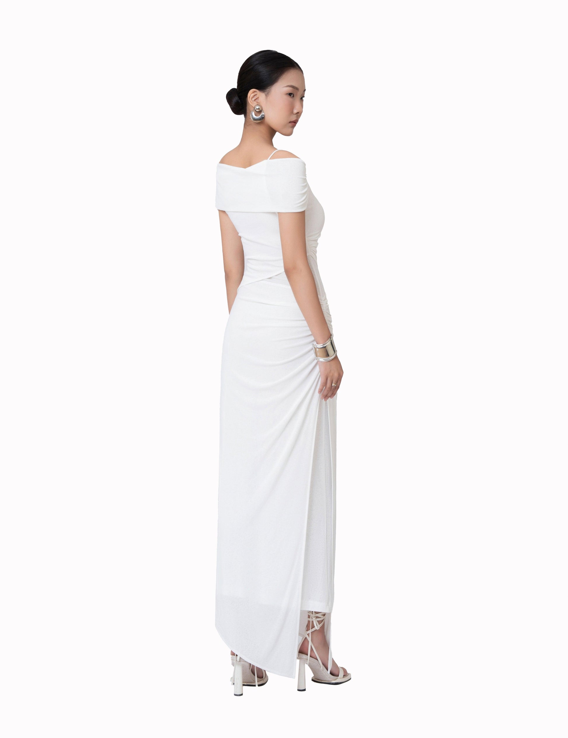 Ivory Sheath Asymmetric Neck Knit Floor Length Dress