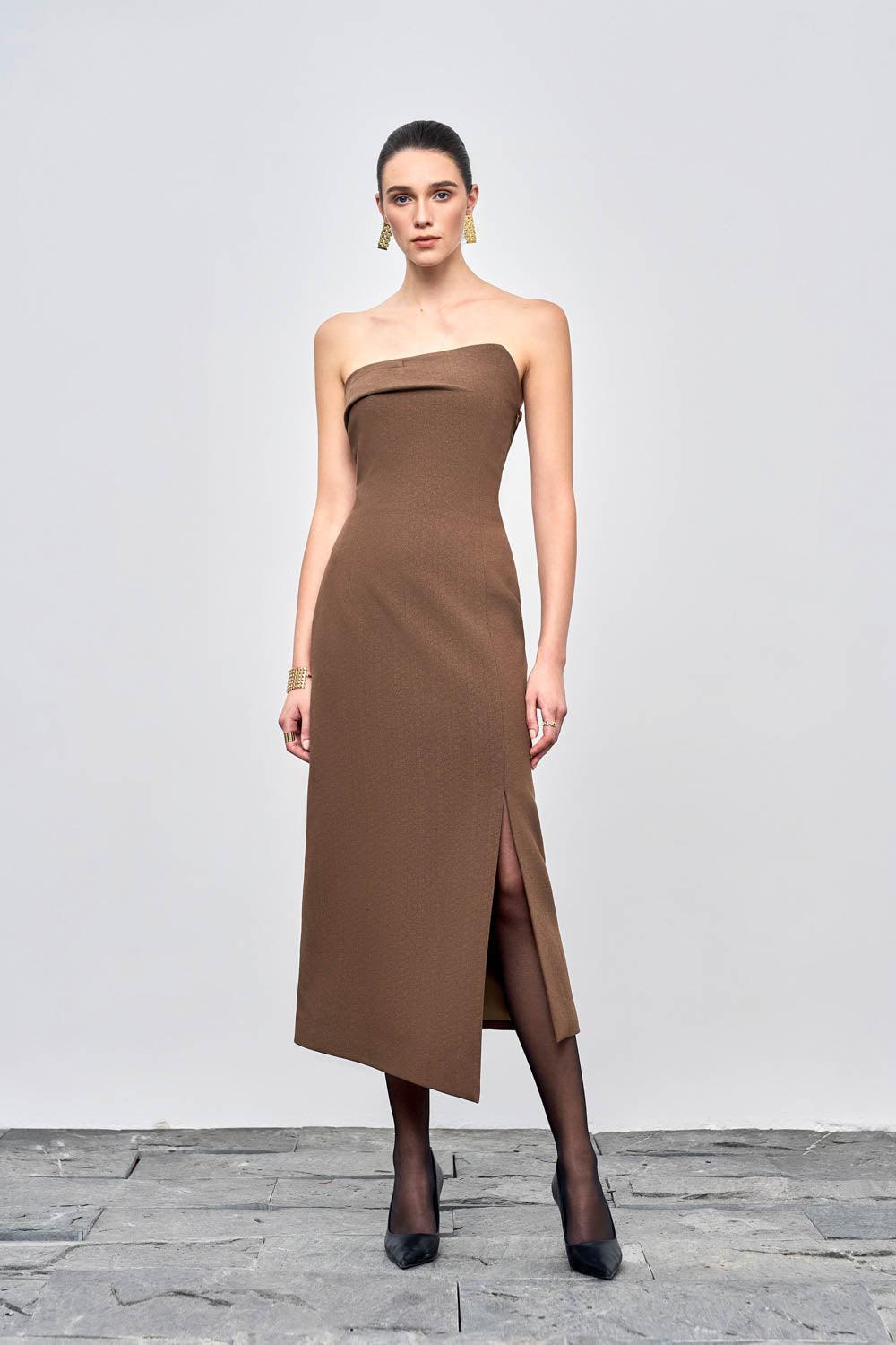 Lyra Strapless Side Slit Crepe Midi Dress