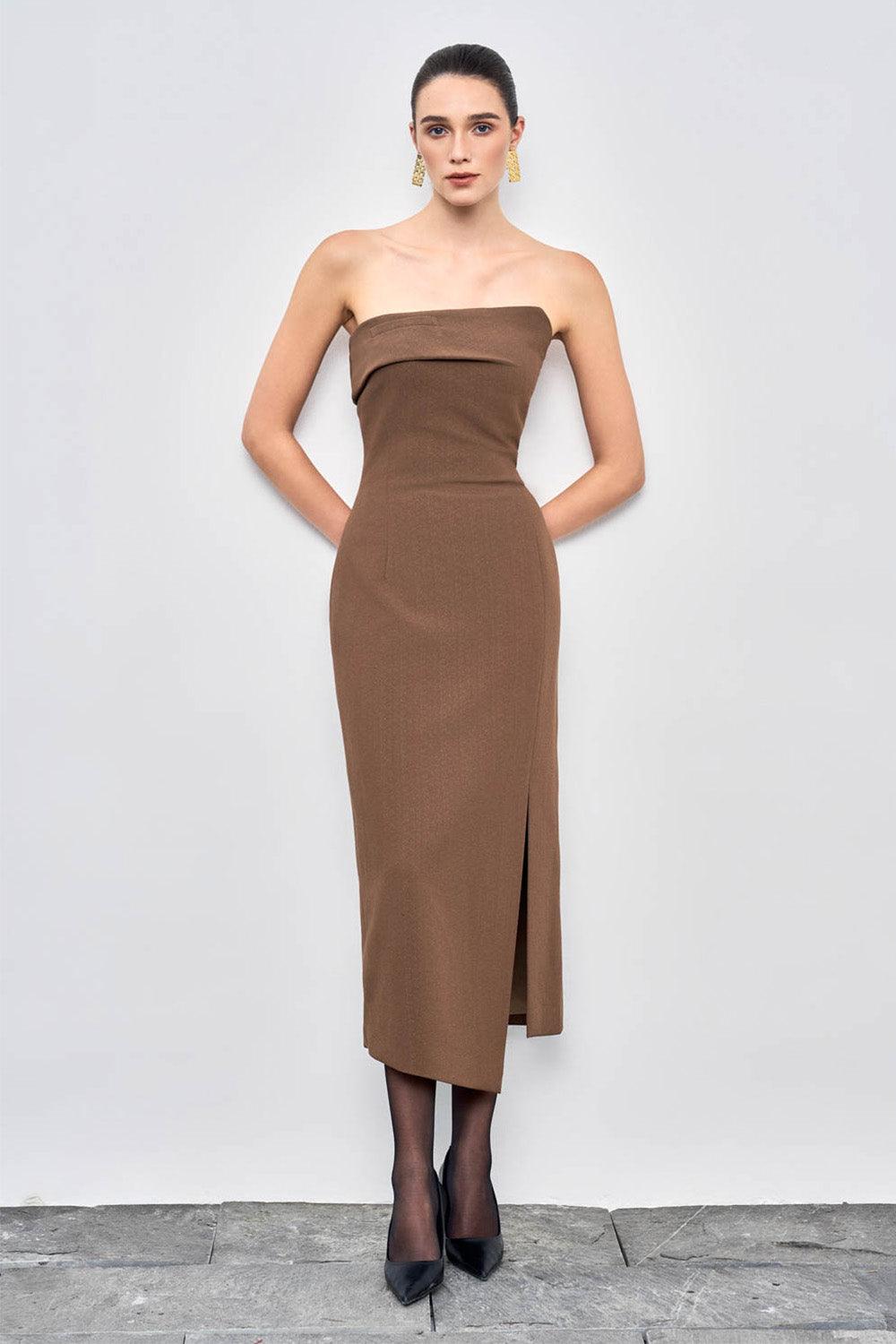 Lyra Strapless Side Slit Crepe Midi Dress