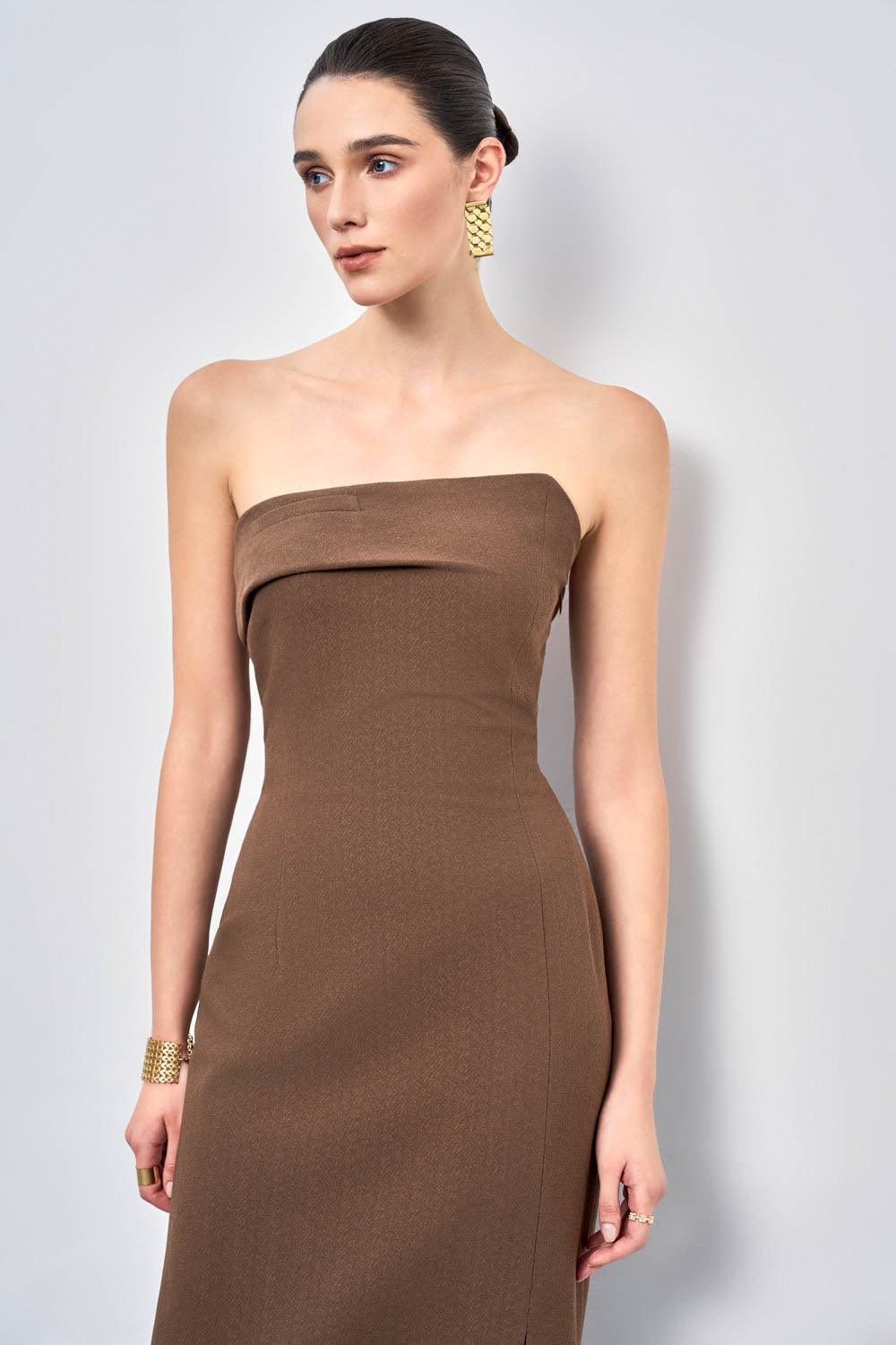 Lyra Strapless Side Slit Crepe Midi Dress