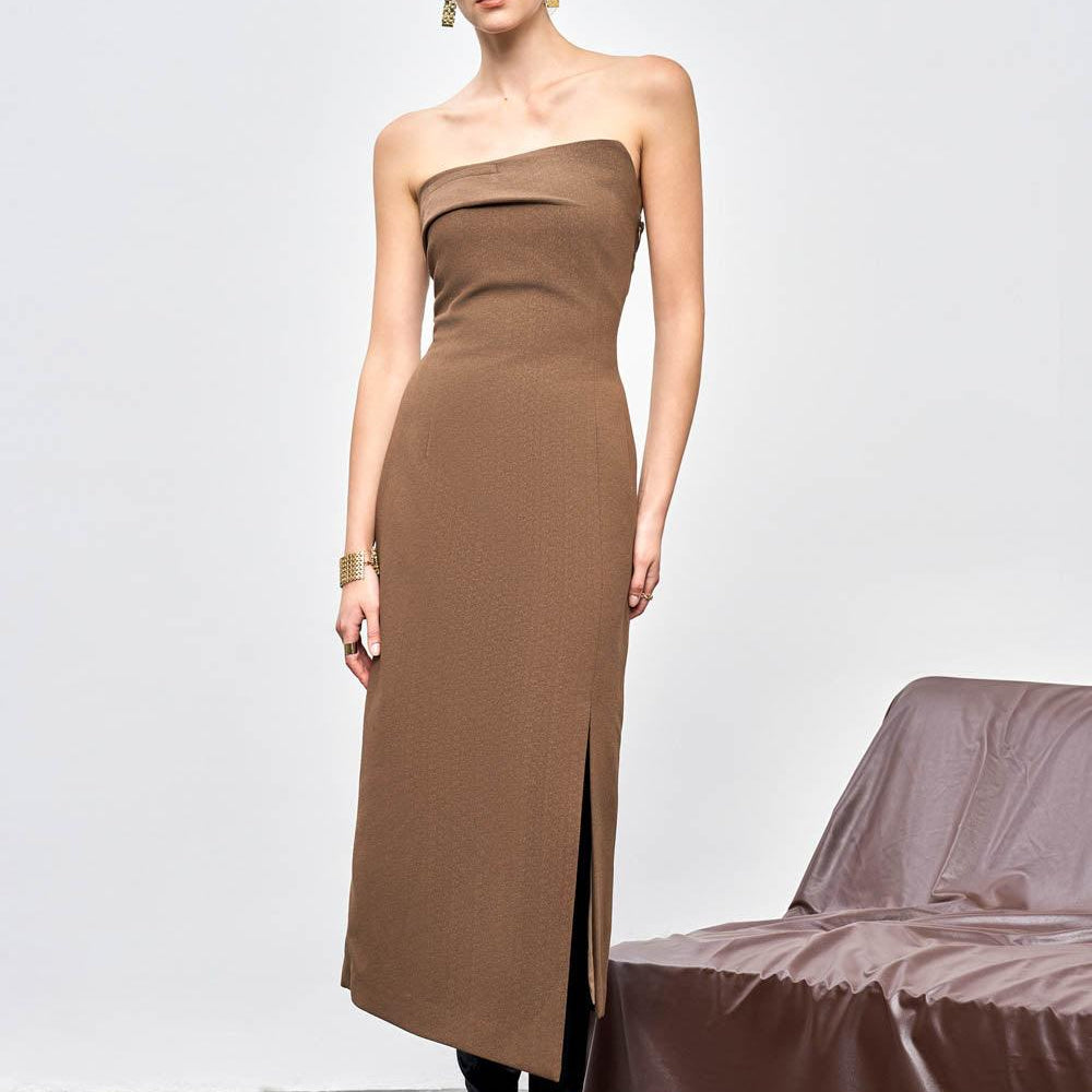 Lyra Strapless Side Slit Crepe Midi Dress