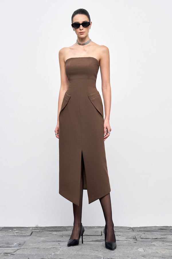 Nova Strapless Front Slit Crepe Midi Dress