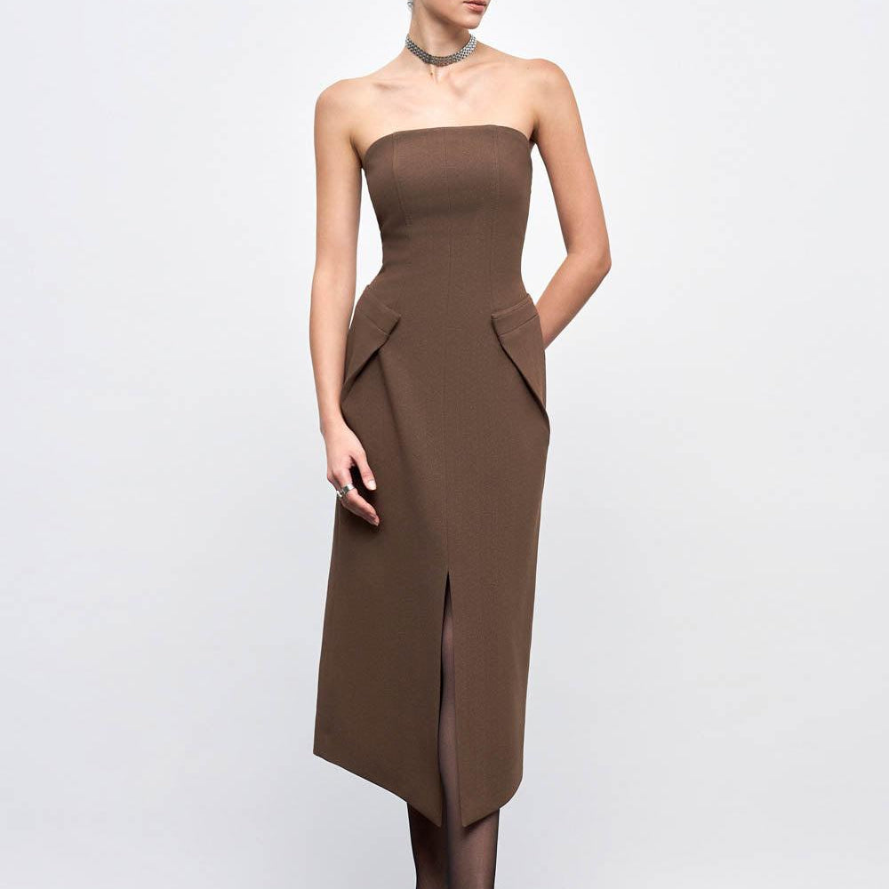 Nova Strapless Front Slit Crepe Midi Dress