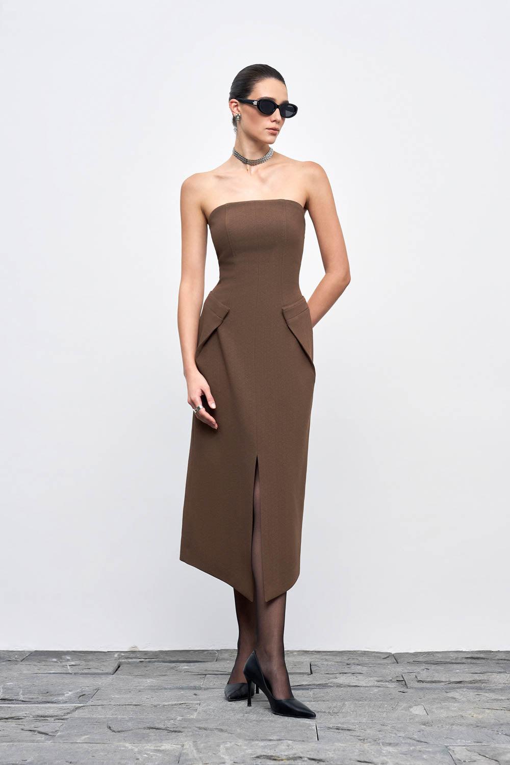strapless crepe midi dress Women's Nova Strapless Front Slit Crepe Midi Dress S/M/L/XL/Customize Brown MEAN BLVD Brown / Customize